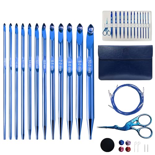Tunisian Crochet Hooks Set Interchangeable with Case - 26pcs Metal Afghan Knitting Needles Kit 3mm-10mm with Long Cable & Ergonomic Grips Blue