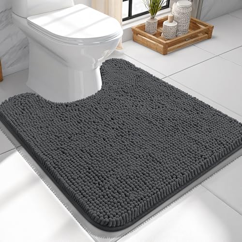 Image of OLANLY Toilet Rugs U-Shaped 24x24, Extra Soft Absorbent Chenille Contour Bathroom Rugs for Toilet, Dry Quickly, Machine Washable, Non-Slip Toilet Bath Mat, Dark Grey