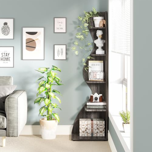 Image of Tribesigns Corner Shelf, Modern 5-Tier Wall Corner Bookshelf, Stylish Corner Small Bookcase Storage Rack Plant Stand with Unique Shape for Living Room, Home Office(Gray, 2PCS)