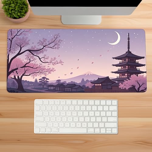 Image of Nighttime Cherry Blossom Premium Desk Mat | Anti-Skid | Anti-Slip | 80 x 30 cm | Laptop Mat for Work from Home /Office /Gaming- Extended Mouse pad and Keyboard Desk mat