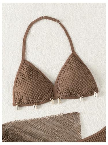 SHENHE Girl's 3 Piece Swimsuit with Fishnet Cover Up Halter Neck Shell Bikini Bathing Suit3