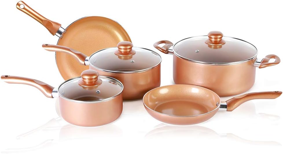 8 PCS Copper Coated Nonstick Cookware Set, Induction Compatible Ceramic Copper Pots and Pans Cookware Set Includes Frying Pan, Saucepan and Detachable Handles with Steam Vented Glass Lid