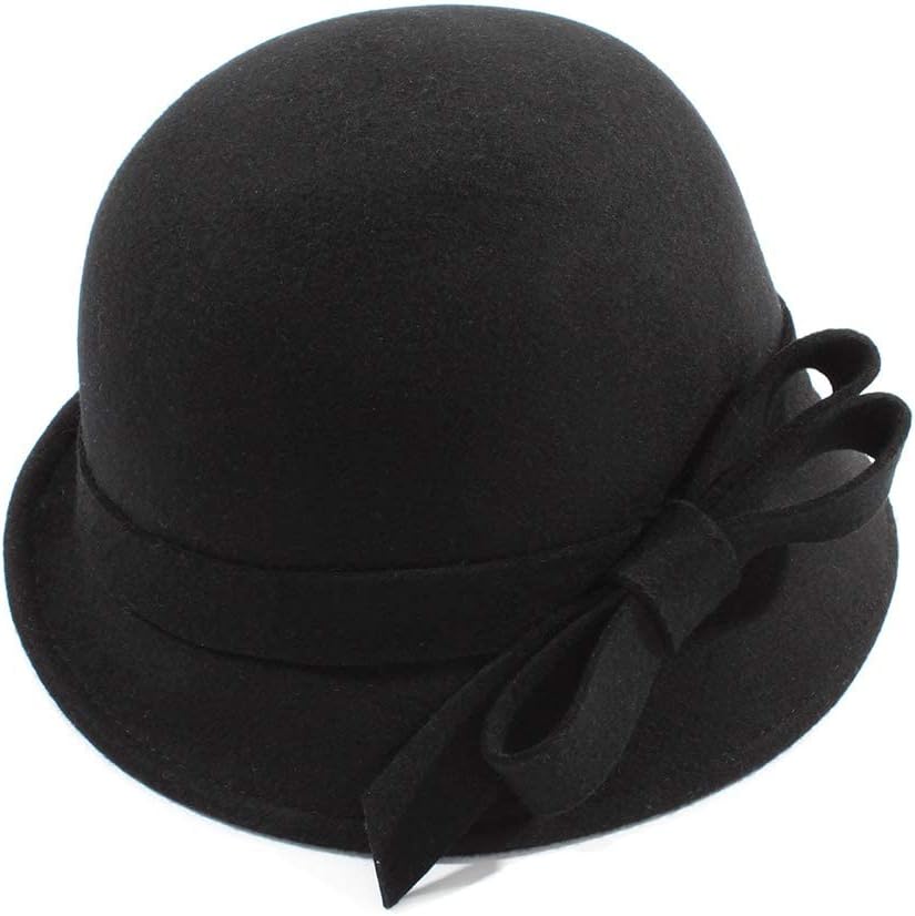 Ladies Wool Felt Bucket Hat Women Vintage Cloche Fedora Winter Church Bowler Hat with Bow