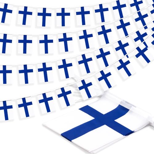 Image of Finland String Flag Pennant Banner, Small Mini Finnish Flags Bunting Banner, National Country Decoration for School, Party, Sports Events, Patriotic Festival, 33 Feet 30 Flags