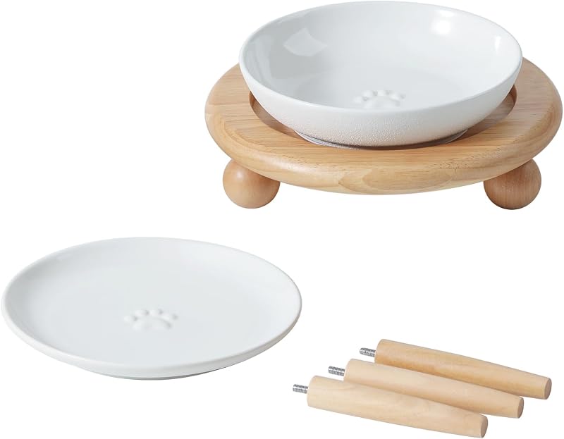 Potes elevados de cerâmica para gatos Havniva com suporte de madeira, modelo MZD-1-S-W