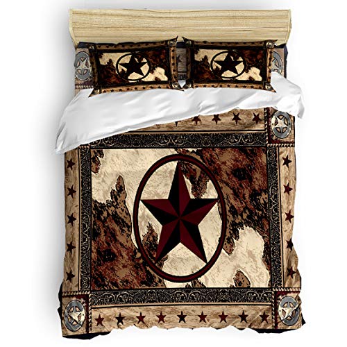 Luxury 4 Piece Bedding Set California King, Western Texas Star, Duvet/Comforter/Quilt Cover Set with Bed Sheet Pillow Shams for Teens/Adults/School Rustic Wood Vintage Map