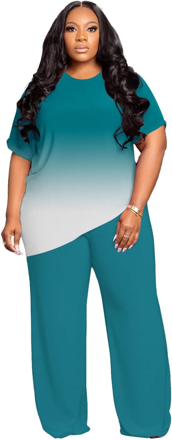 Women's Plus Size Two Piece Outfits Sweatsuits Sets Casual Short Sleeve Tops Baggy Wide Leg Pants Tracksuit Sets Green Gradual 1XL