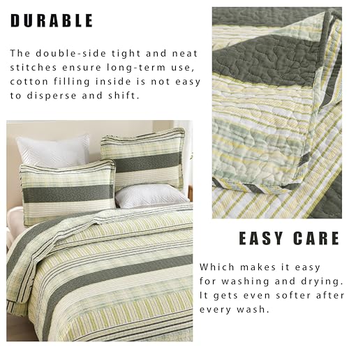 Image of Homzard 100% Cotton Quilt King Size, Green Yellow Striped Plaid Quilt Bedding Set,Olive Green Lightweight Soft Farmhouse Bedspread Coverlet,Summer Spring Lightweight King Size Comforter Set 3 Pieces