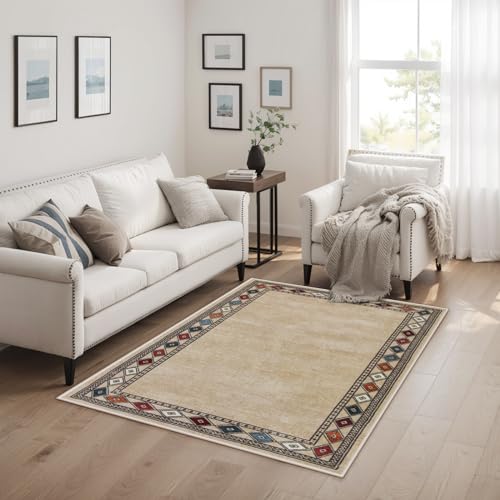 Image of Lahome Modern Bordered Machine Washable Rug, Ultra-Thin Soft 3x5 Rugs for Entryway Bedroom, Non-Slip Stain Resistant Small Carpet for Laundry Entry (3'x 5',Beige)