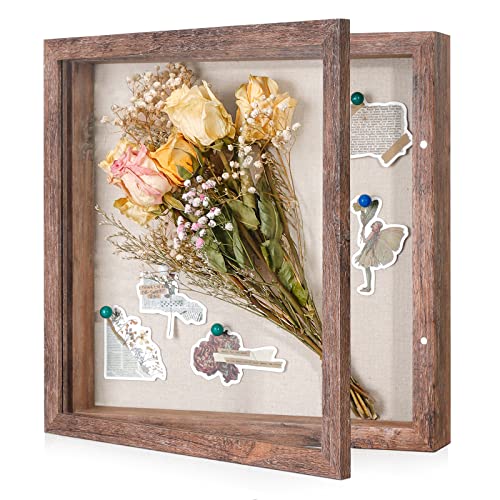 11x11 Shadow Box Frame with Linen Back - Sturdy Rustic Memory Display Case of Flower, Pictures, Medals and More, Rustic Brown
