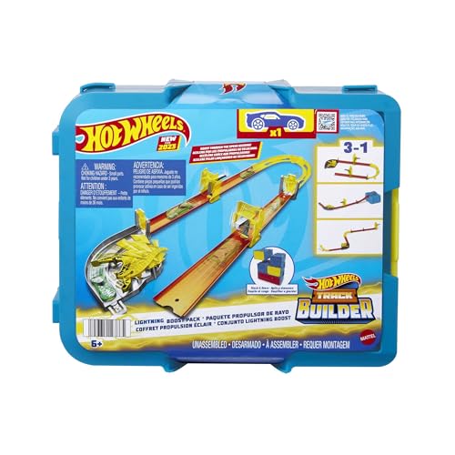 Hot Wheels Coffret Track Builder Éclair avec 1 Voiture, 12 Éléments De Piste, Boîte De Rangement Empilable, Thème De La Foudre, Jouet Enfant, Dès 4 Ans,...