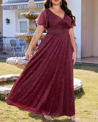 Image of Talisea Plus Size Formal Dresses - V Neck Flutter Sleeve Glitter Prom Evening Gowns Wedding Guest Chiffon Long Maxi Dress
