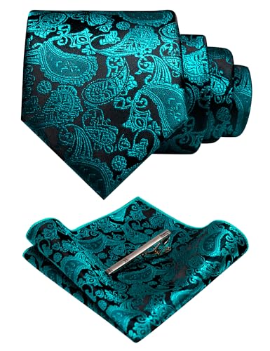 JEMYGINS Mens Teal Paisley Necktie and Pocket Square with Tie Clip Sets(28)