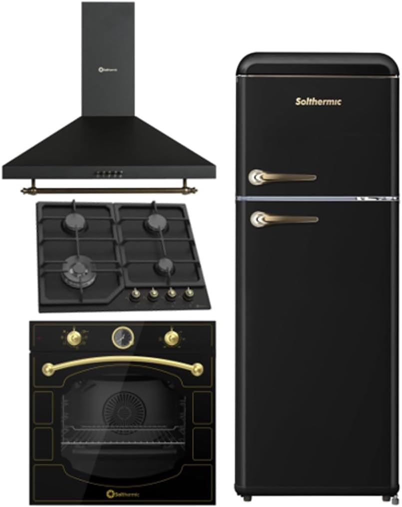 SOLTHERMIC PACK 4 EN 1 NEGRO RUSTICO ACABADOS DORADOS/CAMPANA DECORATIVA H60pr 60 CM, ENCIMERA DE GAS 60 CM SA022, HORNO Y FRIGO 2P F2PR147N DE 1,47 cm alto x 55 ancho y de hasta 220L