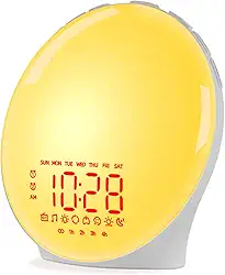 Despertador acordar com luz do nascer do sol para todos, simulação do pôr do sol ao nascer do sol, auxílio para dormir, alarmes duplos, rádio FM, soneca, luz noturna, 13 cores, 23 sons de sono,