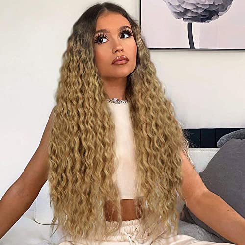 Nnzes Long Wavy Wigs for Black Women Natural Looking Wavy Synthetic Wig Highlight Synthetic Wigs for Women Heat Resistant Fiber Hair for Daily Party Wear (24 Inch, Ombre Black to Honey Blonde)