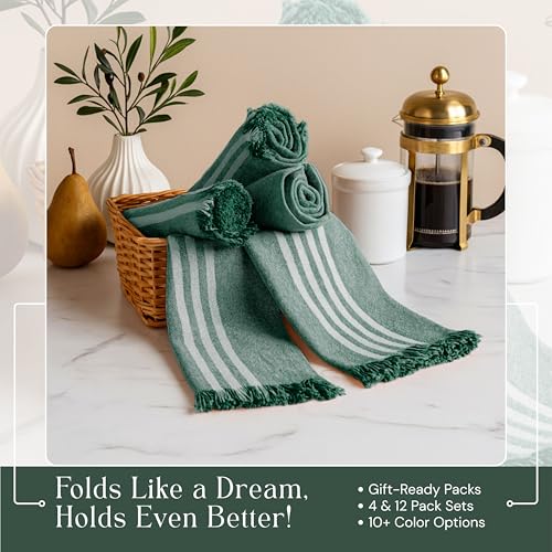 Image of Stripe Kitchen Towels 12 Pack, 16x26 Inches, Cotton Dish Cloths, Absorbent Drying Rags, Reusable and Washable Tea Towels, Cleaning Cloths for Daily Kitchen Use - Forest Green