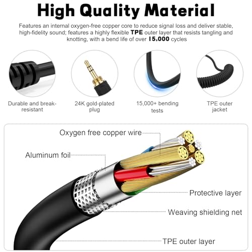 Image of Replacement ATH-M50x Cable Coiled Cord Compatible with Audio Technica ATH-M40x, ATH-M50x, ATH-M70x, ATH-M60x Headphones, 2.5mm to 3.5mm Audio Cord with 6.35mm Adapter