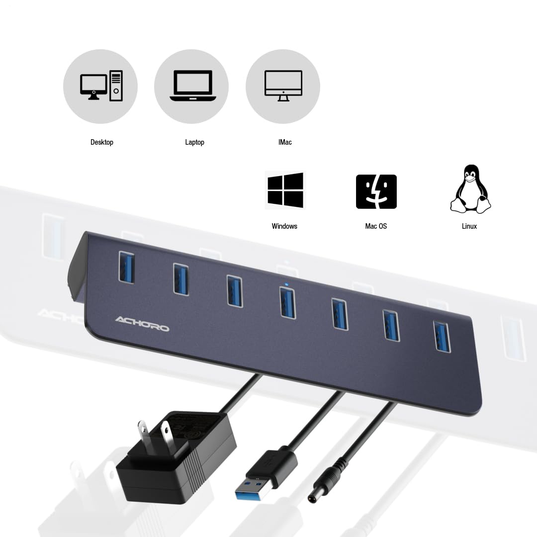 Achoro HUB USB alimentato a 7 porte - 2a generazione 10GB Super Speed External USB Port - USB 3.2 Hub USB in alluminio per computer, Mac, PC, smartphone e tablet - Hub USB multiplo per computer (USB