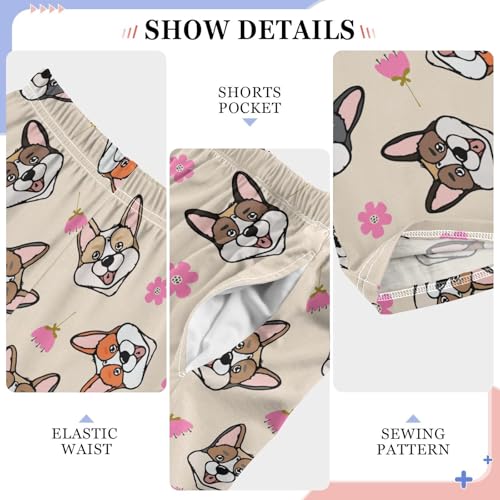 Corgi Dog Pink Flowers Boys Long Pants Soft Trousers Elastic Waist Kids Lounge Bottoms with Pockets S-XL4