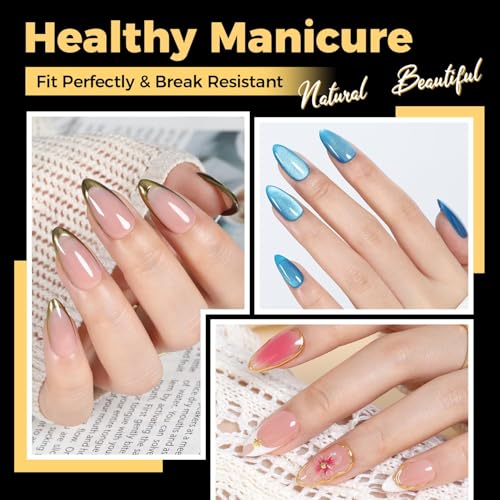 Image of UNA GELLA 600 Pcs Almond Gel Nail Tips, Pre Etched Medium Almond Nail Tips, 12 Sizes Full Cover Fake Clear Press On Nails for Flat & Curved Nails Bed Extension Home DIY Salon