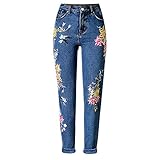 Women High Waist 3D Bird Floral Embroidery Straight Denim Pants (42) Blue
