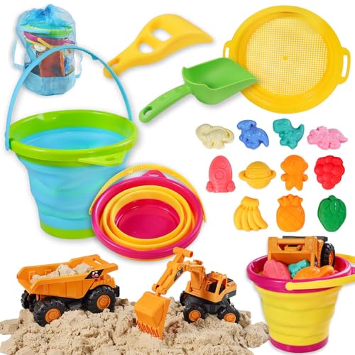 WeCraftool Beach Sand Toys,Sandbox Toys Set with 2 Collapsible Toy Buckets, 2 Dump Truck, Dinosaur Space Fruit Molds,Shovels, Mesh Bag,Summer Beach Essentials for Toddlers Kids Boys Girls Ages 3-10