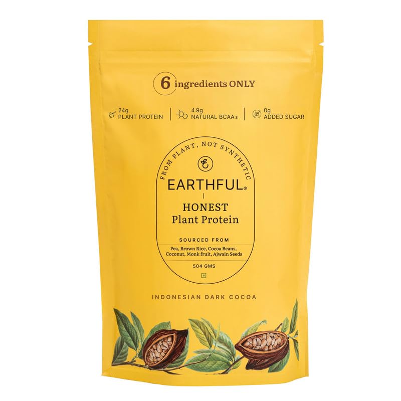 Earthful Honest Plant Protein | 24g Protein/Serving & 4.9g BCCAs | For Weight Management, Energy, Muscle Support & Recovery | Made with Pea & Brown Rice | Indonesian Cocoa - 504g