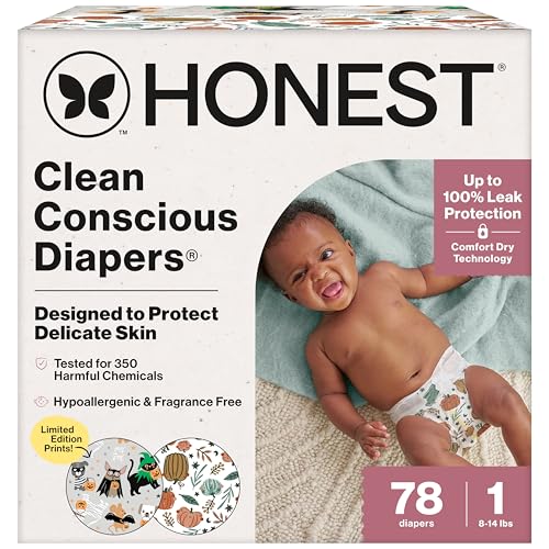 Image of The Honest Company Comfort Dry Disposable Diapers for Sensitive Skin, Hypoallergenic, Fragrance-Free, Fall '25 Seasonal Prints, Club Box, Size 1 (8-14 lbs), 78 Count