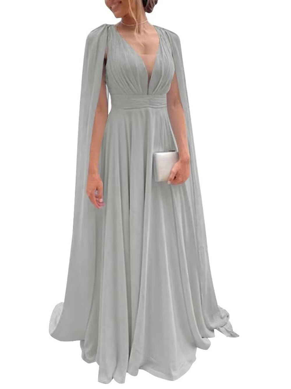 Chiffon Bridesmaid Dress for Women Cape Sleeve V-Neck Formal Evening Gowns with Pocket LBC020
