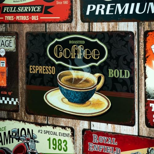 Image of Decorative Retro Metal Signs Wall Plate - 12x8 Inch (Roasted Coffee) | Weatherproof Vintage Metal Sign Plate for Cafe, Home, Bar, Garage | Decorative Wall Hanging Sign Board