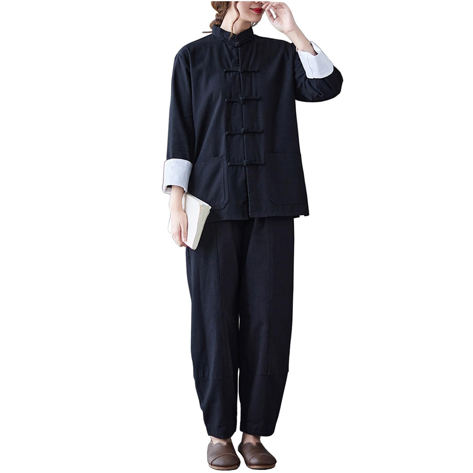 Uniforme Tradizionale Tai Chi per Abbigliamento da Donna In Cotone a Maniche Lunghe per Set di Arti Marziali Kung Fu,Black-XL