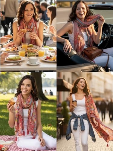 Image of KE KANHA EXPORT Women Scarf|Stole For Women|Scarf For Women Stylish|Stall For Women|Border Print Face Cover Head Wrap|Boho|Beach|Multicolor|180x50cm|Pack Of 1|FREE Scrunchie Included