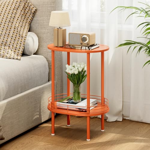 Image of Small Modern Oval Side Table with Storage,2-Tier Side Tables Living Room,Sturdy Nightstand for Small Space - Living Room, Bedroom, Bathroom, Nursery,(1 PC,Orange)