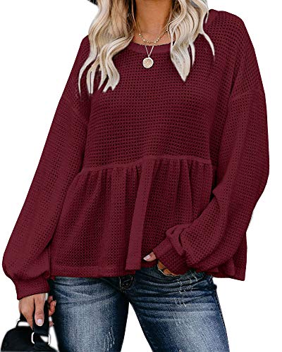 Womens Waffle Knit Shirts Long Sleeve Peplum Ruffled Layered Hem Blouse Tops (Wine red, X-Large)