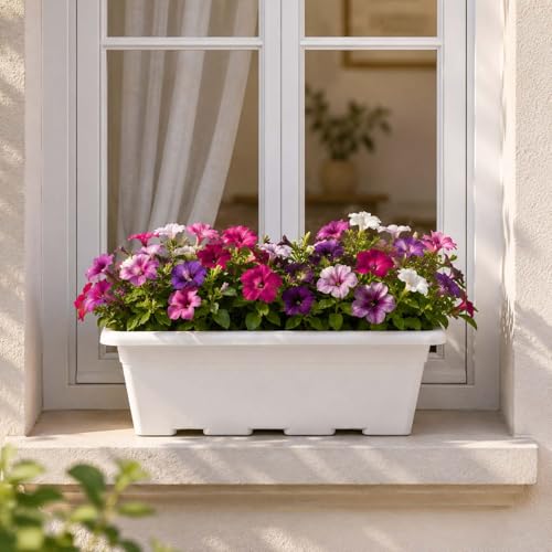 Image of Go Hooked Jupiter Window Planter Pot Pack of 12 | 17 Inch White Plastic Rectangular Flower Planter for Indoor Outdoor Plants Balcony Garden Home Decor | Decorative Plant Container L43 x W22 x H18 Cm