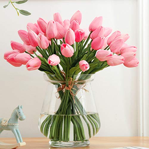 30pcs Real Touch Tulips PU Artificial Flowers, Fake Tulips Flowers for Arrangement Wedding Party Easter Spring Home Dining Room Office Decoration. (Pink, 14