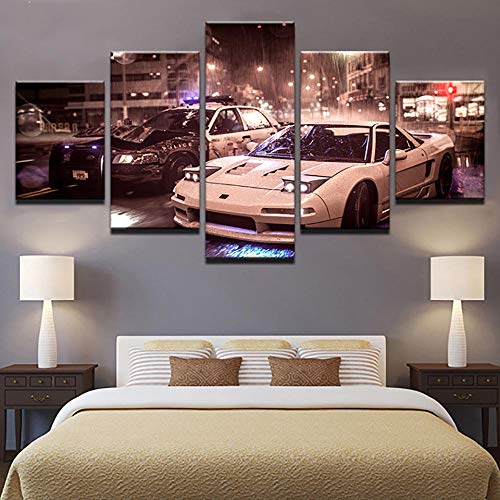 Cuadro Póster City Nightscape White Sports Car XXL Impresiones En Lienzo 5 Piezas Cuadro Moderno En Lienzo Decoración para El Arte De La Pared del Hogar 150×80 Cm HD Impreso Mural (Enmarcado)