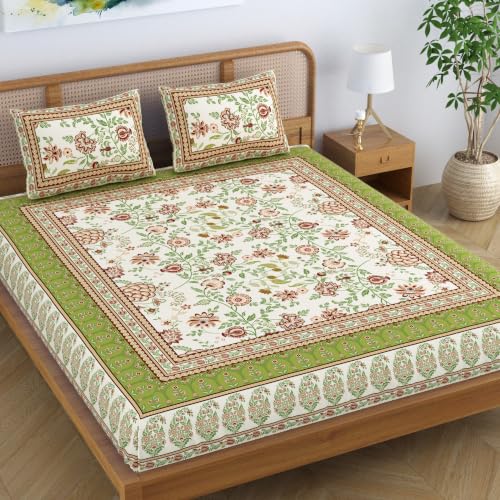 Cotton Blend Jaipuri Printed Double King Size Bedsheet with 2 Pil...