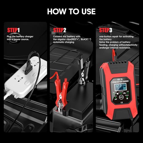 Image of Sounce Fully Automatic 7A 12V Car & Bike Battery Charger: Smart Battery Maintainer with Intelligent Digital Display & Multi-Protection: Compatible with AGM, Gel, Wet Lead-Acid, Calcium Batteries