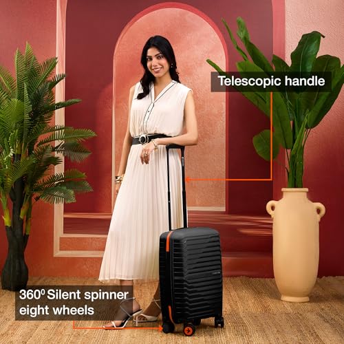 Image of Nasher Miles Cairo Hard-Sided Polypropylene Cabin Luggage 20 inch | 55cm | 8 Wheels Small Trolley Bag for Travel | Suitcase (Black & Orange)
