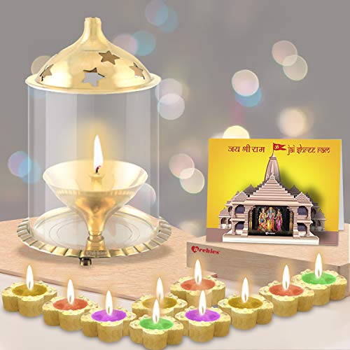 Diya Akhand en laiton de qualité supérieure avec carte 3D et 10 bougies