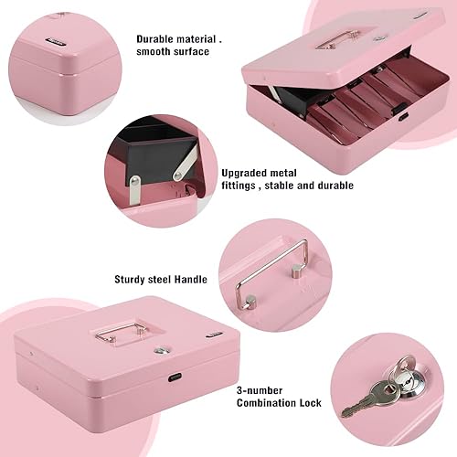 Miniatura 8 de Caja de efectivo con cerradura de llave en la parte superior, cajas grandes de bloqueo con cerradura de llave y bandeja de dinero, caja de dinero