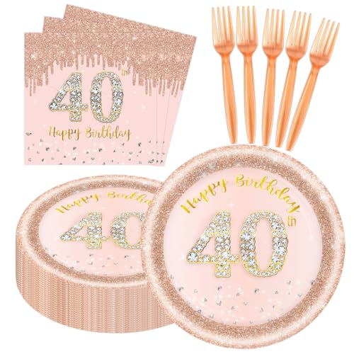 60 PCS 40th Birthday Decorations for Women 40th Birthday Plates and Napkins Rose Gold Disposable Tableware Set Party Supplies for Women Cheers to 40 Years Anniversary (40TH)