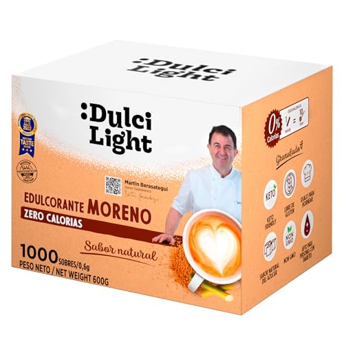 Dulcilight Edulcorante Moreno Zero 1000 Sobres |Sustituto del azúcar Moreno Sabor Natural | Granulado con Fibra Vegetal | keto |1 sobre 0,6g = 2 cdas de azúcar| No OMG | edulcorante sobres