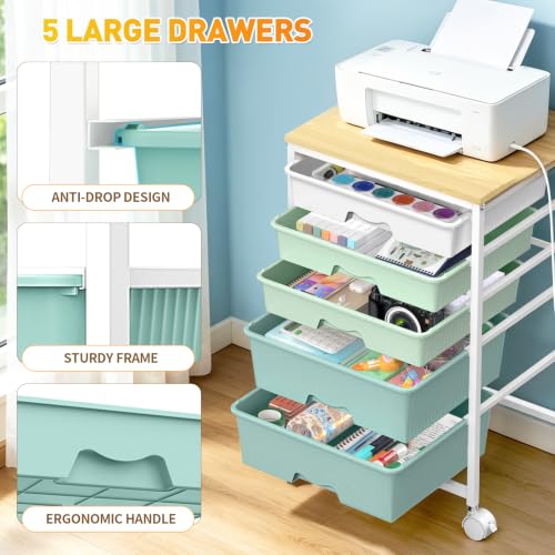 Image of SUNALLY Rolling Carts with 5 Drawers, Storage Drawer Carts for Craft, Green