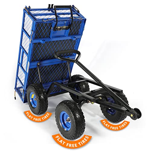 Yardsam Dump Garden Carts With Flat Free Tires, Heavy Duty Steel Dumping Garden Wagons With 400Lbs Capacity, Removable Sides, Pullable Handles, 10In All-Terrain Wheels, For Lawn Yard Farm, Blue #TOP25