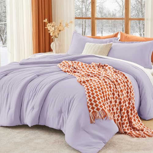 Image of MUXHOMO King Size Comforter Set, All Season Ultra Soft Down Alternative Bedding - 3 Piece Lightweight Bed Set Includes 1 Comforter (104 inchx90 inch) and 2 Pillow Shams (20 inchx36 inch), Lavender