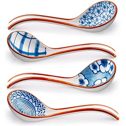 Asian Soup Spoon Set of 4, Ceramic Chinese Soup Spoons Long Handle Ramen Spoons Soup Spoons for Ramen Pho Dumpling Wonton Noodles Cover