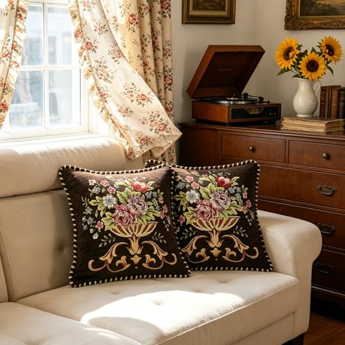 Qupace Set of 2 Brown Vintage Embroidered Throw Pillow Covers 18x18in Floral Cushion Cover for Sofa Couch Bedroom Coffee Pillow Covers